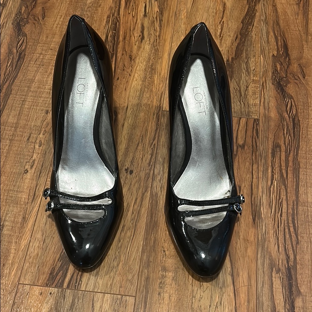 LOFT Black Patent Leather Heels with Silver Accent